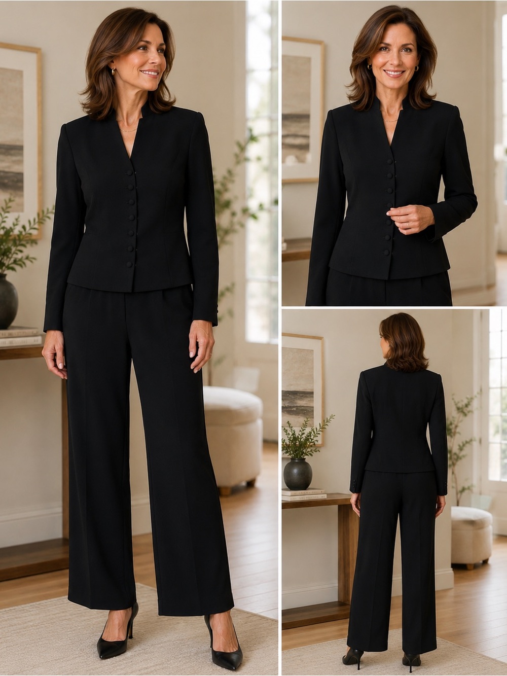 Talbots Petites 8P Black Vintage 2 Pc Pant Suit Covered Button Jacket Lined USA
